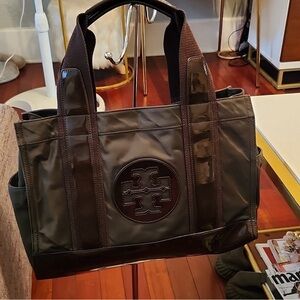 Pre- Loved Tory Burch Green Tote Bag Sleek Nylon Design in Food Condition